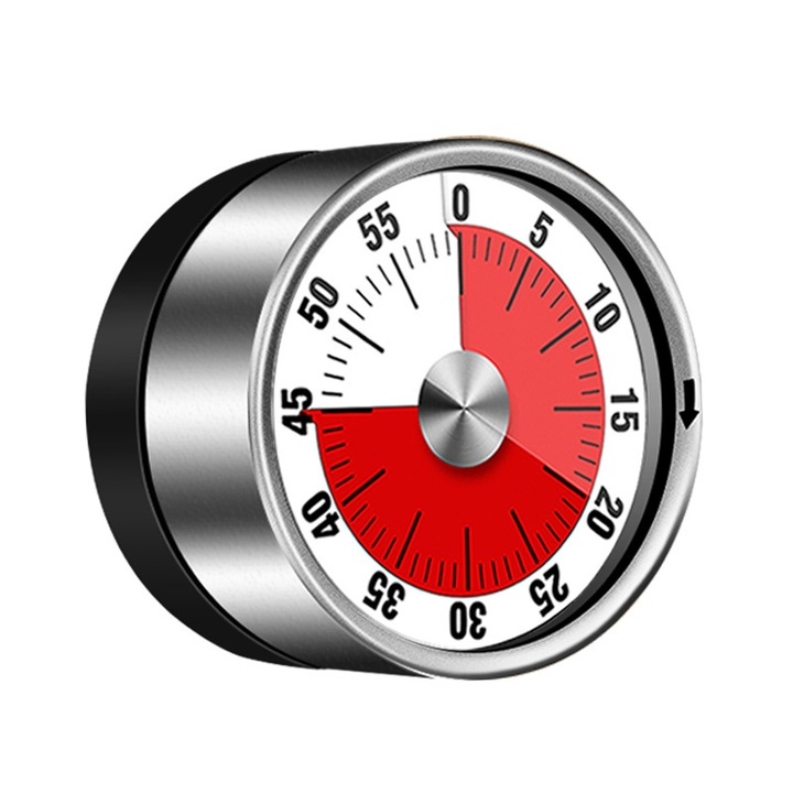 Timer mecanic magnetic, 6x6x3.6cm, argintiu/rosu, din otel inoxidabil, set 1 buc.