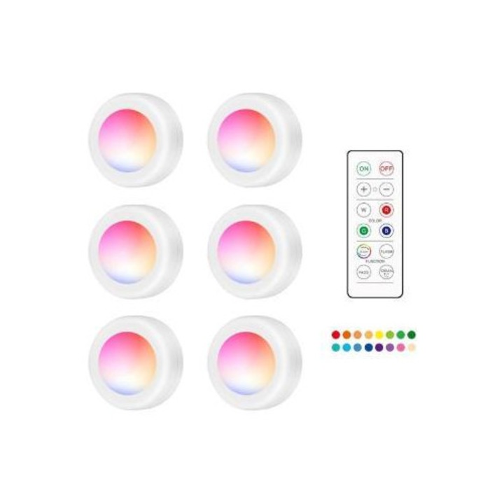 Set 6 Spoturi LED cu Telecomenzi, Alb + RGB, 6x2cm