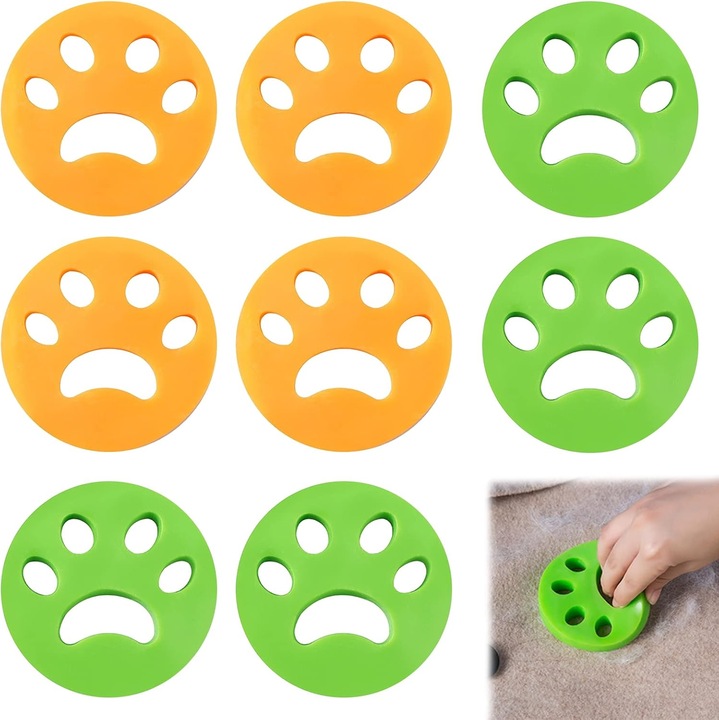 8 darab szőreltávolító kefe mosógépbe, zöld és narancssárga, kutya- és macskaszőrhöz