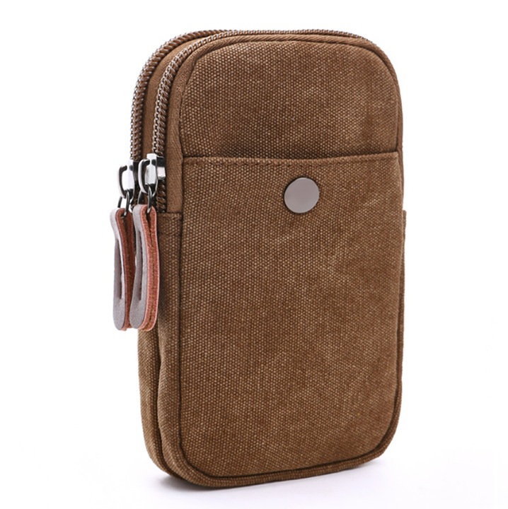Multifunkcionális vászon övtáska, modern design, kávészínű, 18x11x4 cm