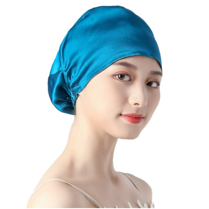 Turban de somn din matase, design cu doua straturi, albastru, 27x25cm