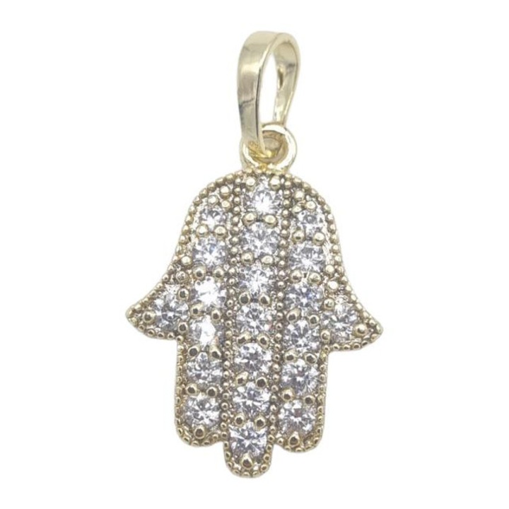 Medalion Hamsa, aurie, cu pietre albe, 20x14x3mm