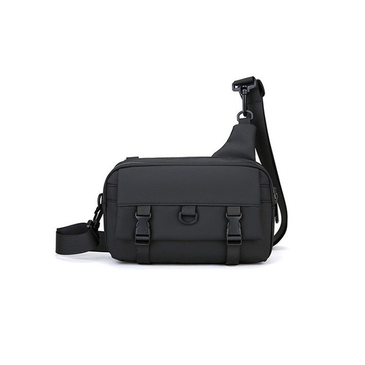 Mellkas táska, fekete, PU bőr, vízálló, 26x15x7cm, állítható pánt