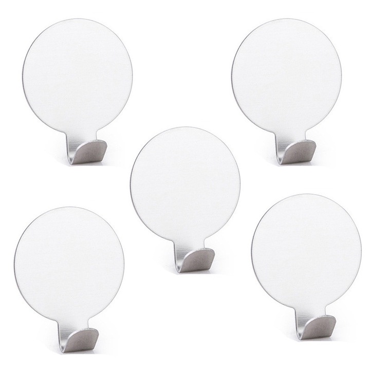 Set 5 carlige autoadezive rotunde, inox, rezistente la apa, 4.8x3.5x1.3cm