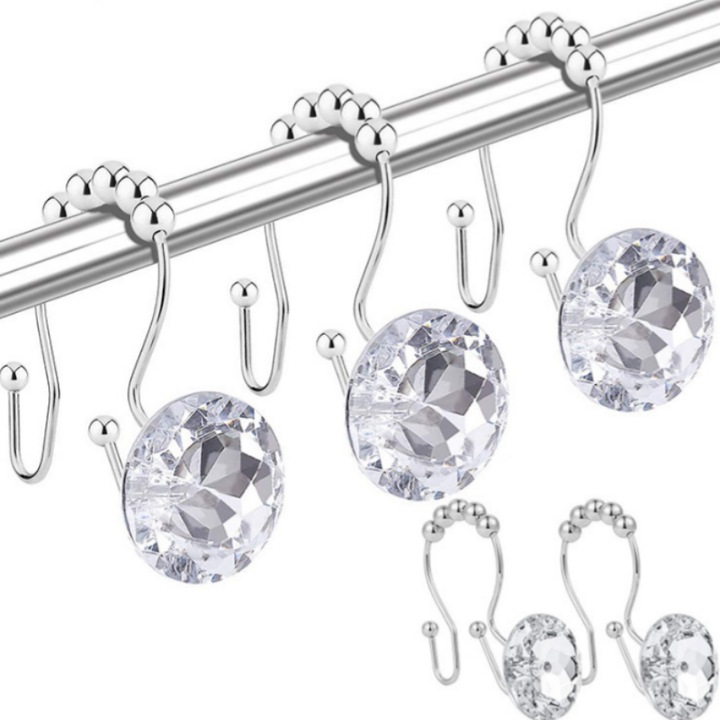 Set 12 inele pentru perdea de dus, design diamant cristal, argintiu, 8.4x5.5x3.8cm