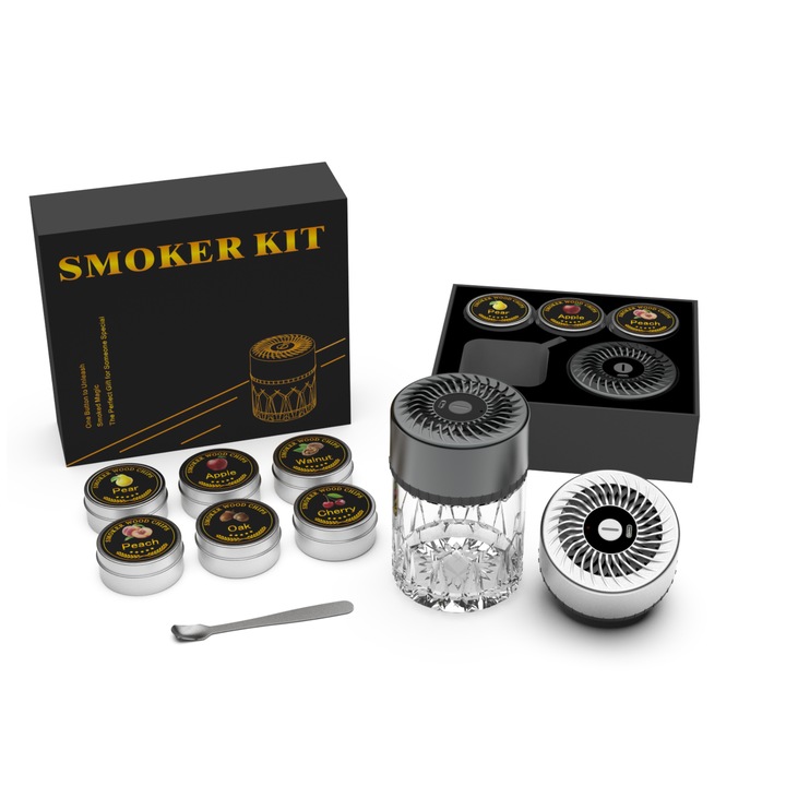 Afumator Bauturi XICENRM®, Set smoker premium electric pentru afumat bauturi whisky/cocktailuri, electronic-fara expunere la flacara, siguranta in utilizare, Afumare ciai sau cafea,6 tipuri de aschii de lemn, type-c