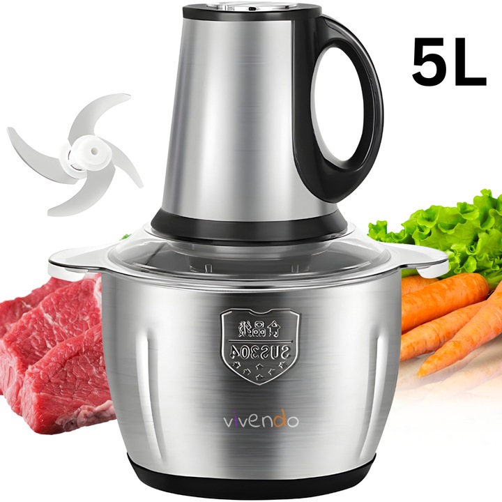 Tocator Electric Vivendo®, Inox, 4 Lame, 2 Viteze, Toaca Rapid si Uniform, Bol 5L, 500W
