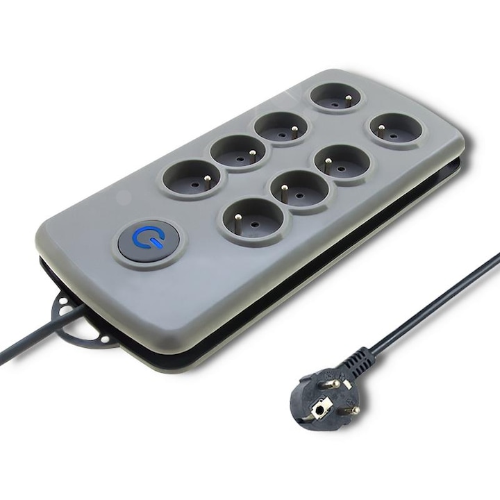 Разклонител с 8 гнезда, Бърз превключвател, 2.5м, защита от пренапрежение, сив, 325x162x39мм