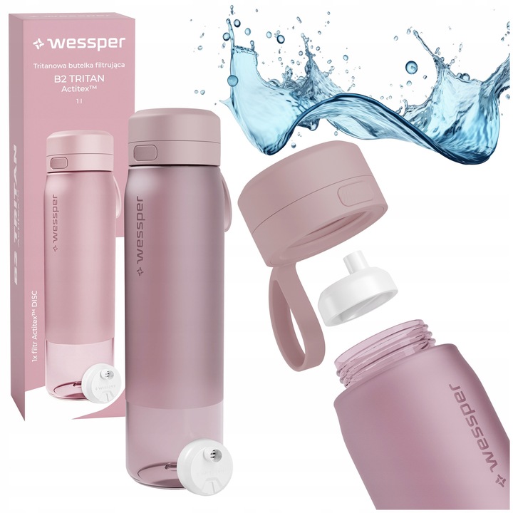 Sticla filtranta sport, Wessper B2 Tritan Actitex, Ø7,5 x 28 cm, 1000ml, ros, BPA free