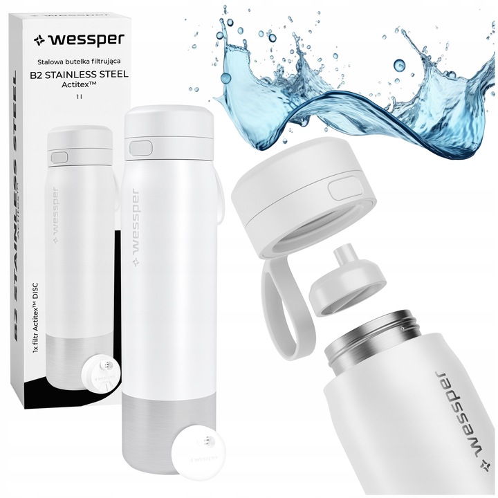 Sticla filtranta sport din otel, cu filtru, Wessper B2 Stainless Steel Actitex, Ø7,5 x 28,5 cm, 1000ml, alb, BPA free