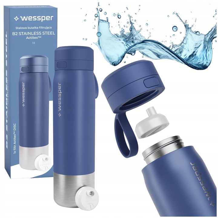 Sticla filtranta sport din otel, cu filtru, Wessper B2 Stainless Steel Actitex, Ø7,5 x 28,5 cm, 1000ml, albastru, BPA free