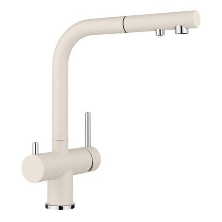 Baterie de bucătărie Blanco Fontas-S II, alb moale, cu cioc detașabil, 3 funcții în 1