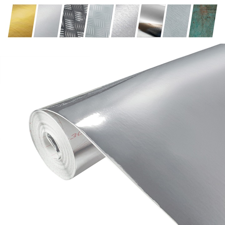 Sticker autocolant pentru mobila, taiate la dimensiune, 45 x 25 cm, DecoMeister®, Aspect Crom argintiu, A045-045-0025