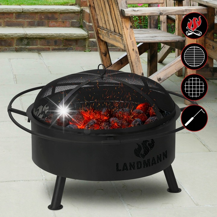 Градинско огнище Landmann, боядисана стомана, включена скара, 3 крака, с капак, 63x63см