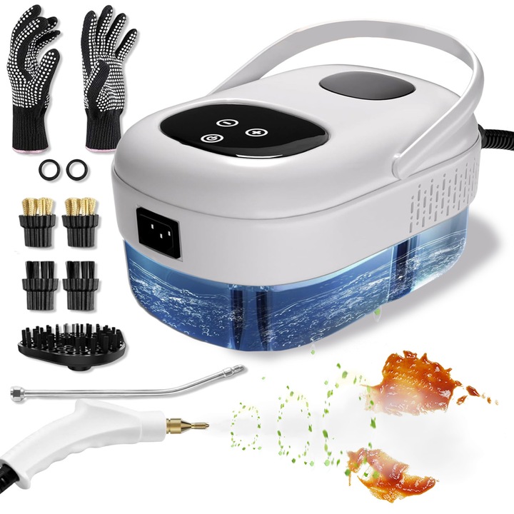 Gőztisztító, Buyya, Hordozható tisztító gőzölő, padlótisztító készlet, több felület tisztító tartozékok, 2500W, 3Bar, 1100ml tartály, 15S fűtés, kefével és hosszabbítóval, 3 kefe, Fehér/Fekete, 20x14.5x13cm