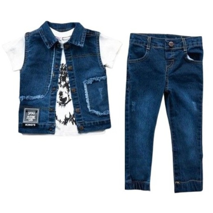 Compleu de blug 3 piese "Wolf", vesta si pantaloni albastri, tricou alb