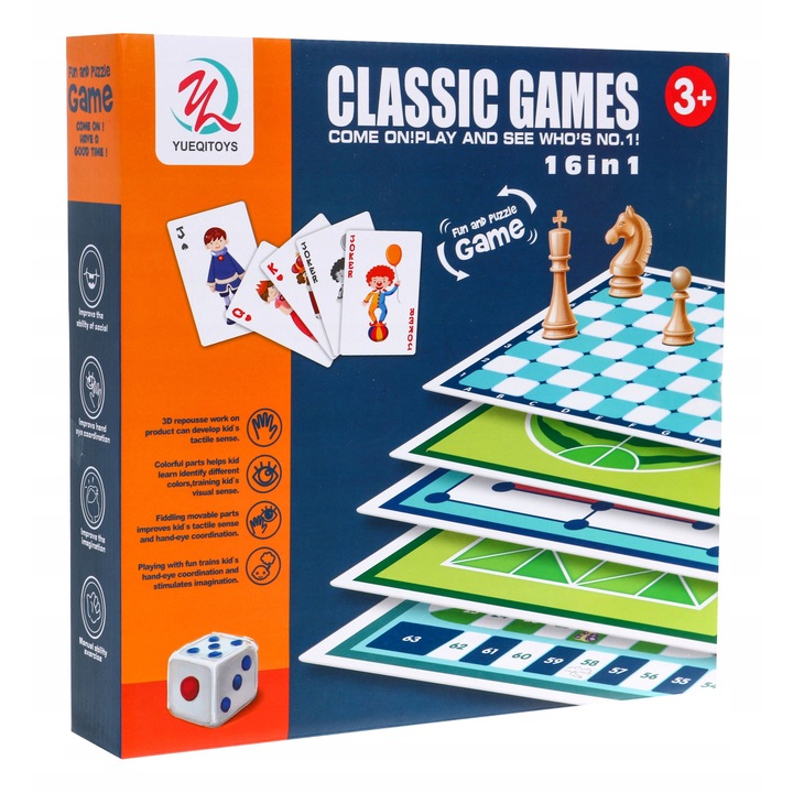 Társasjáték készlet 16 az 1-ben, különböző játékok, 25x25cm, többszínű