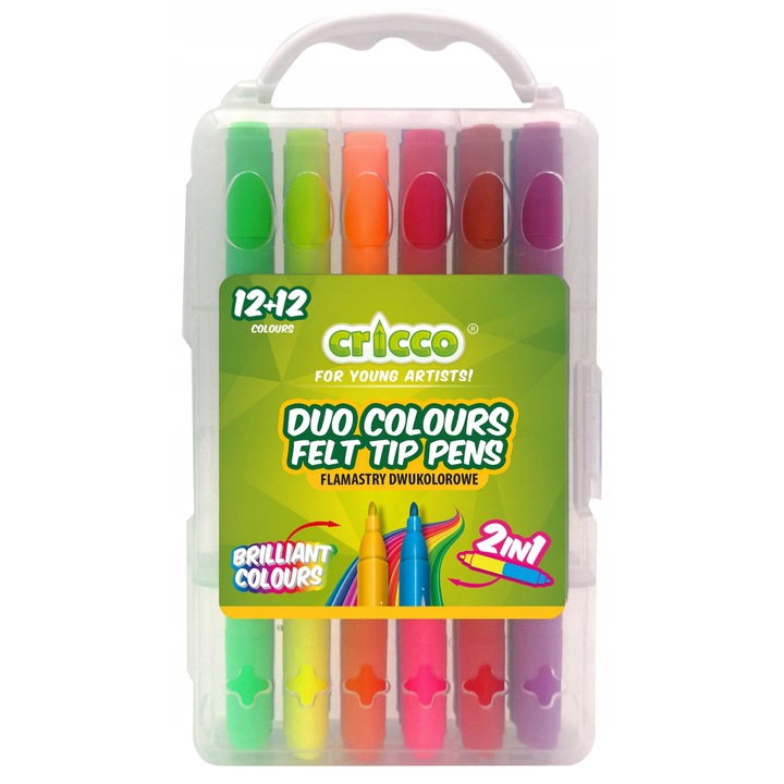 Set 12 carioci double face Cricco, 24 culori, cutie cu compartimente
