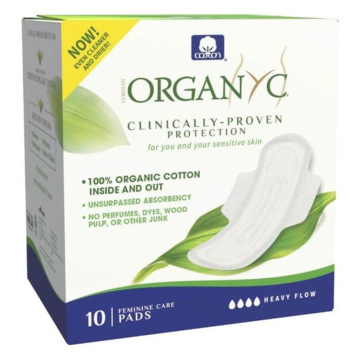 Organyc egészségügyi betétek biopamutból, 10 db, nagy nedvszívó képességű, szárnyas, műanyagmentes