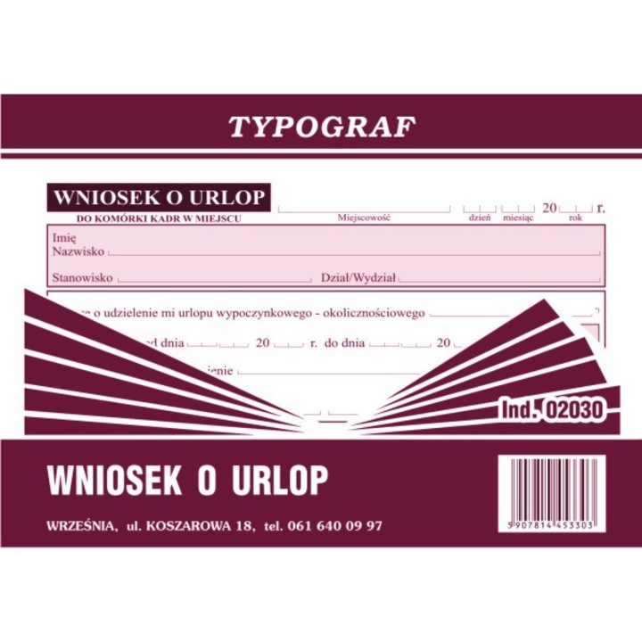 Wniosek o urlop, TYPOGRÁFIA, A6, 80 oldal, eltolás