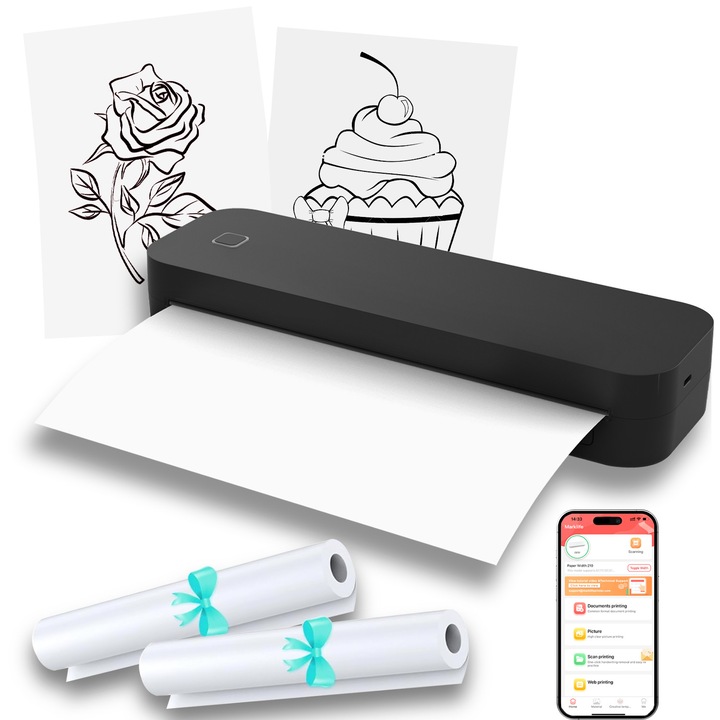 Imprimanta Termica Portabila A4 +set 2 role incluse, Imprimanta tatuaje, type-C, Baterie 2600mAh, Compacta, Bluetooth, USB, Compatibila Cu iOS/Android/Windows/iPad, Fara Tus, APP, pana la 400 de foi o incarcare, rapid si usor de folosit