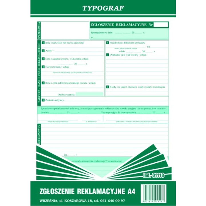 Zglozenie reklamacyjne A4, TYPOGRAPH, 80 kártya, saját másolat