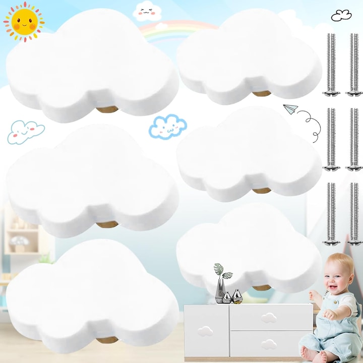 Manere din lemn pentru mobila forma nori pentru camera copiilor, manere sertar, comoda, 6 bucati