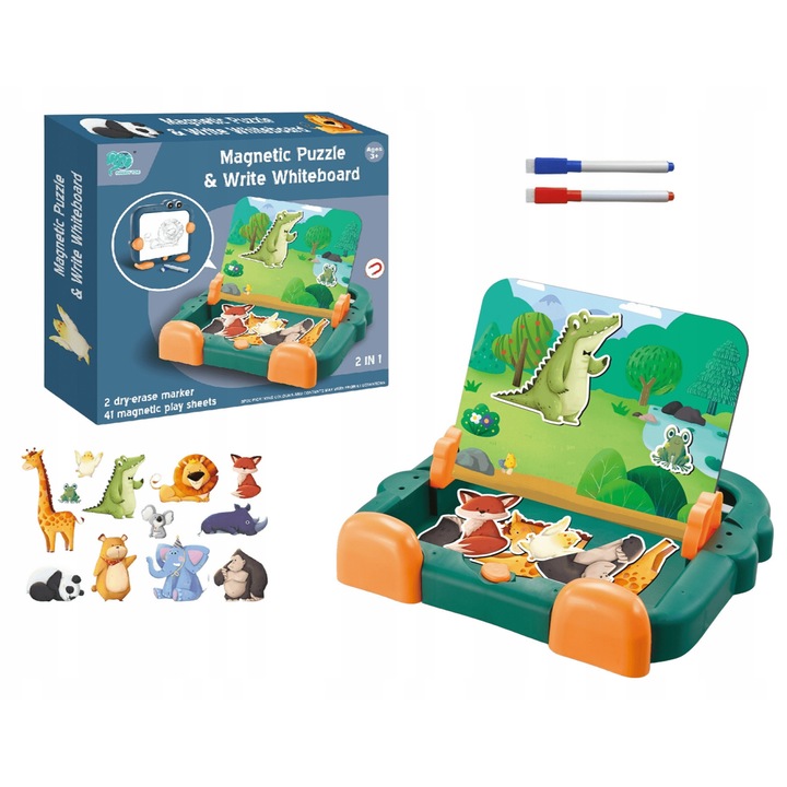 Puzzle magnetice cu animale, set 41 elemente, tabla alba, 31x28,5x5,5cm