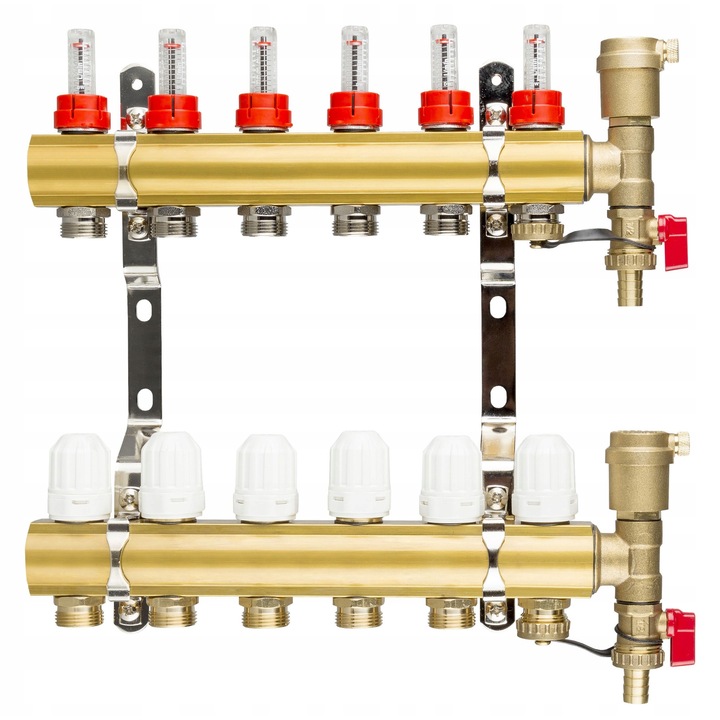 Distribuitor 3 circuite incalzire in pardoseala, Aquer, cu manometre, alama, auriu