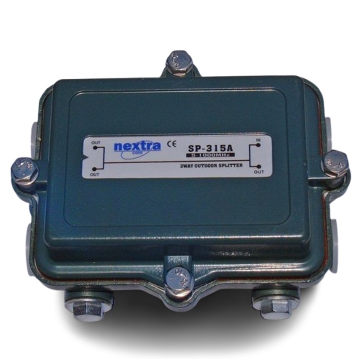 Nextra CATV elosztó kültéri használatra, 3 kimenet, 15A különálló tápegység, 5-1000MHz, IN-OUT csillapítás 7dB, 4.2dB+7.5dB