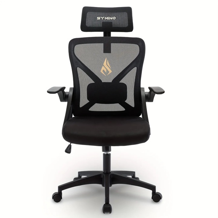 Scaun de birou Symino BGY, design ergonomic, functie de inclinare, material textil premium si tetiera reglabila, greutate maxima 150 kg, cu 5 roti, negru