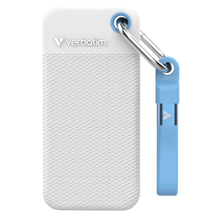 Джобен SSD Verbatim, Лятно издание, 1TB, USB-C 3.2 Gen 2, Две гумени калъфа в бяло и светлосиньо, Бял