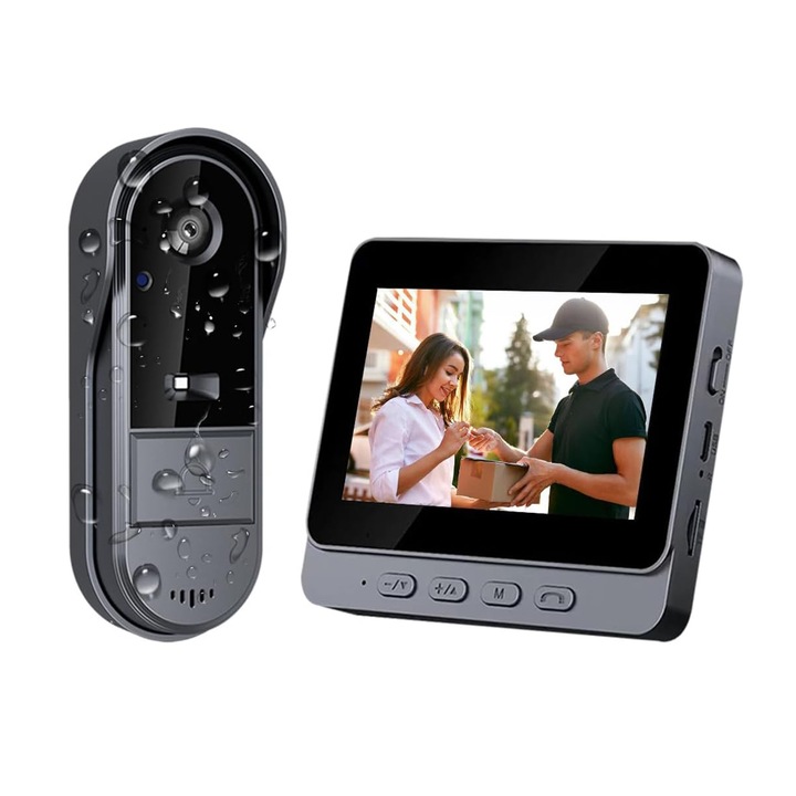 Sonerie Video cu Vedere Nocturna 1080P, Fara Conexiune WiFi, cu Receptor Digital de 4, 3 Inch, Pentru Interfon Usa