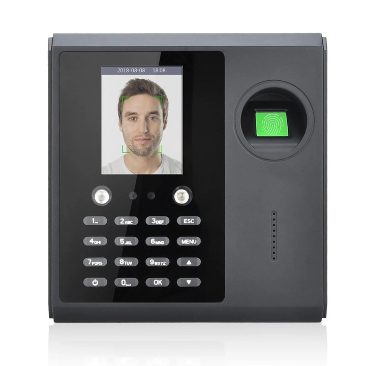 Ceas de pontaj biometric, recunoaștere rapidă, suport multilingv, negru, dimensiuni 153x157x30mm