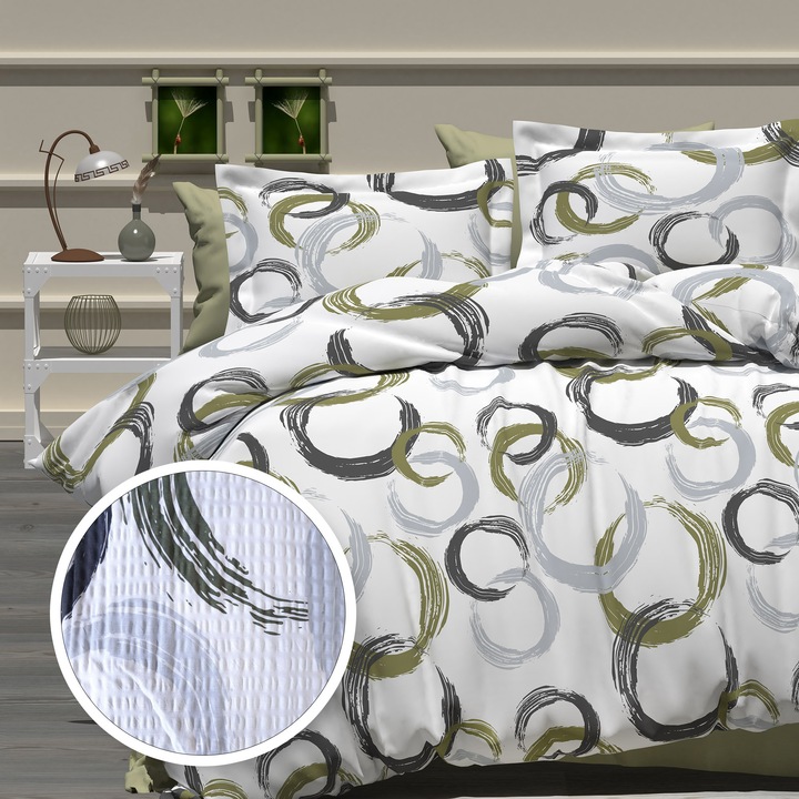 Lenjerie pat Creponata 100% Bumbac, cearsaf pat 160x240 cm, pilota 140x210 cm, fata perna 50x70 cm, Gri Verde, Pucioasa