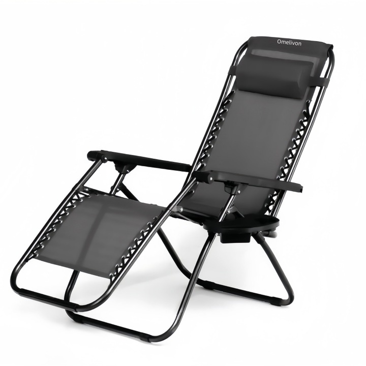 Сгъваем стол/диван, преносим шезлонг, с възглавница и поставка за чаша, Omelivon®, с регулируем ъгъл от 168°, подходящ за балкон, градина или плаж, черен, размери: 170 x 53 x 108 см