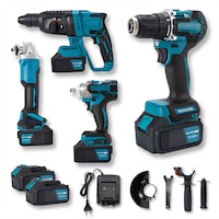 Trusa Scule Electrice cu Acumulator 4 Piese, Vivendo®, 20V 4Ah Li-Ion, Autofiletanta, Rotopercutor, Polizor Unghiular 115mm, Bormasina Impact 350 N.m, Motor Brushless, LED, Geanta Transport, Bricolaj, Constructii, Atelier, Albastru