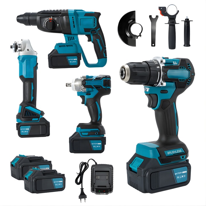 Trusa Scule Electrice cu Acumulator 4 Piese, Vivendo®, 20V 4Ah Li-Ion, Autofiletanta, Rotopercutor, Polizor Unghiular 115mm, Bormasina Impact 350 N.m, Motor Brushless, LED, Geanta Transport, Bricolaj, Constructii, Atelier, Albastru