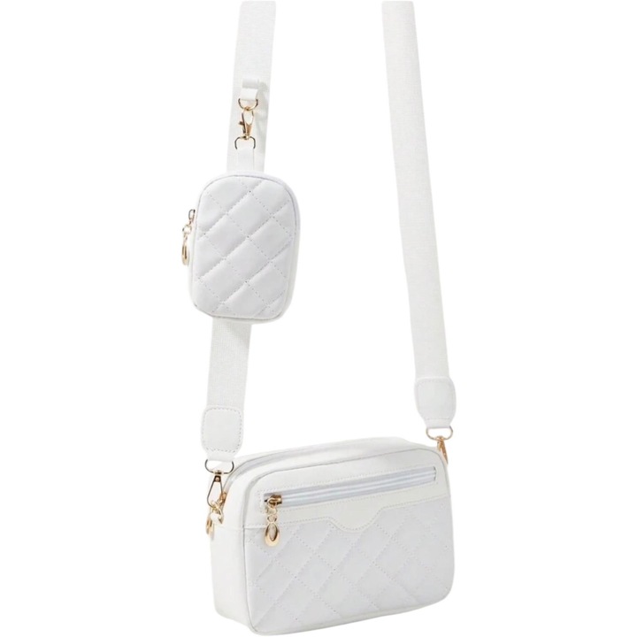 Női lezser táska, fehér, steppelt megjelenés, tasakkal, ekológikus bőr