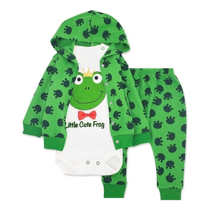 Compleu, 3 Piese, Cu Hanorac, Model Broscuta, Verde, 3 luni, 56 cm