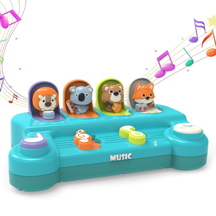 Jucarie Educativa Muzicala pentru Copii - Activitate Interactiva cu Animalute Pop-Up, Sunete si Lumini - Butoane Multicolore cu Litere si Elemente Senzoriale - Potrivite pentru Dezvoltarea Motricitatii Fine