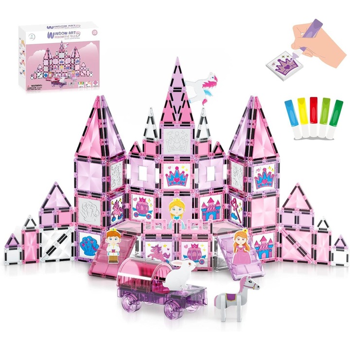 Комплект магнитни части Giftry®, Замък на принцеса, 126 блестящи части, Герои, Шаблони за рисуване и маркери, Образователна играчка за деца 3+ години, Розов