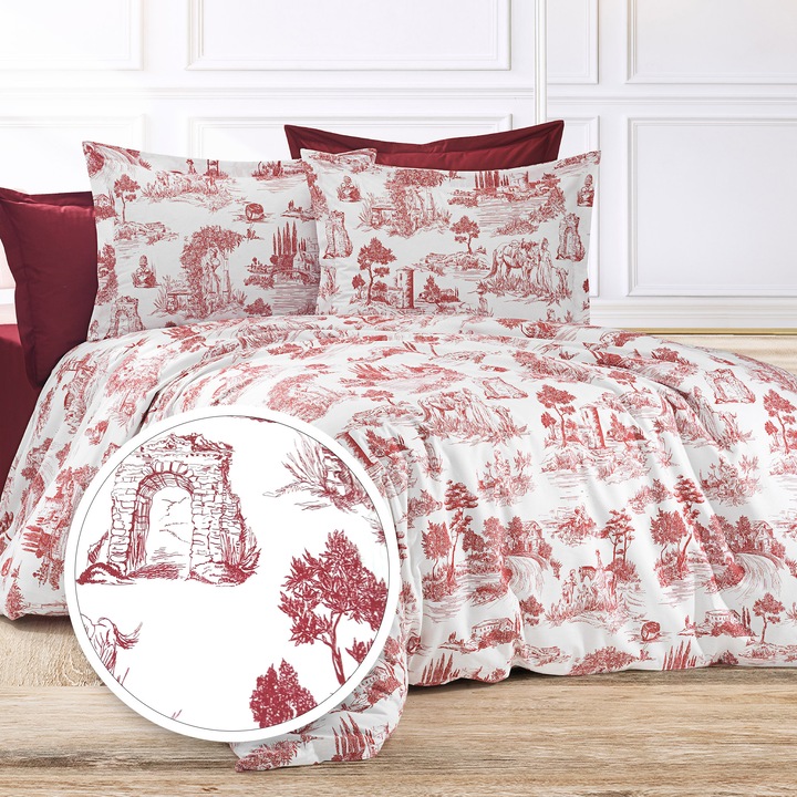 Lenjerie pat dublu Creponata 100% Bumbac, cearsaf pat 200x230 cm, pilota 180x215 cm, 2 fete perna 50x70 cm, Alb Rosu, Pucioasa