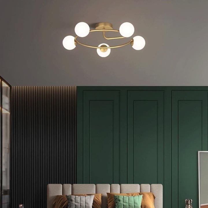 Lustra Moderna 5 socluri E27 cu Globuri, carcasa Auriu 63 cm diametru ZenLED®