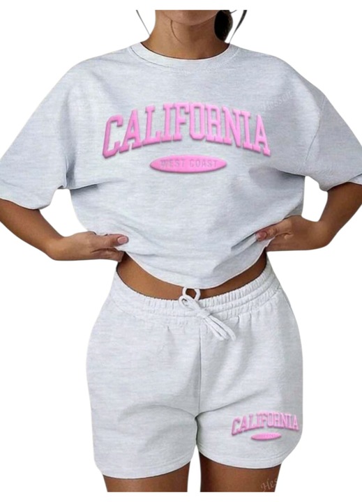 Trening dama, sport, scurt, gri cu roz, XL