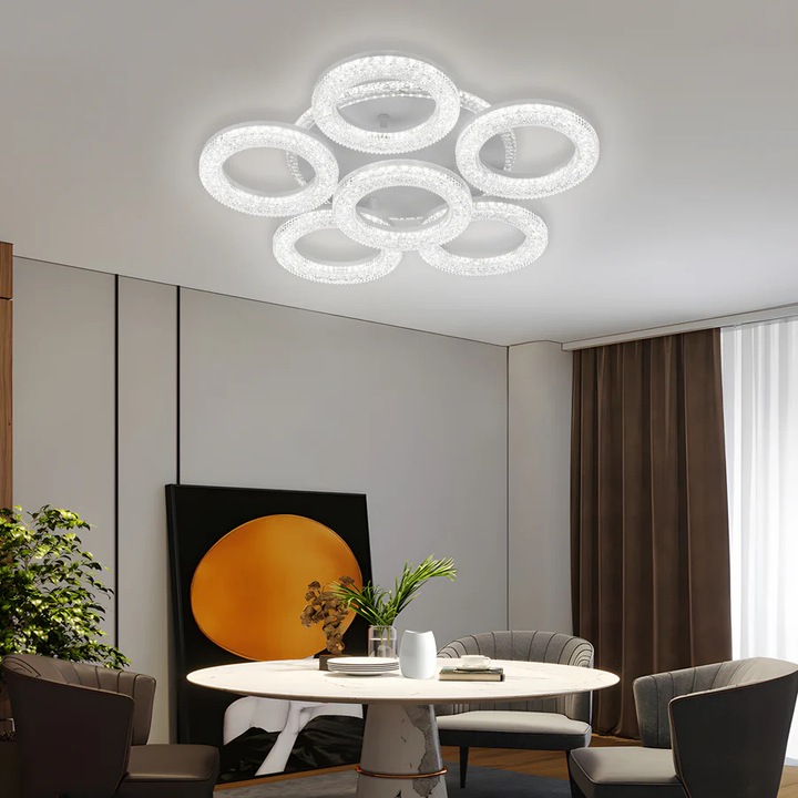 Lustra LED Freja cu Telecomanda, 90W, 3000K/4000K/6000K, Dimabil, Alb, Cristale