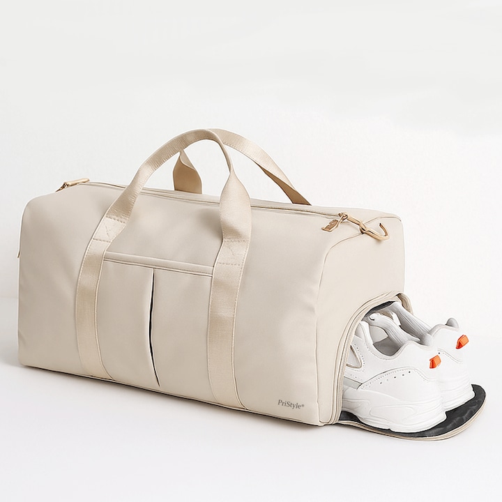 Многофункционална спортна или пътна чанта, с отделен водоустойчив джоб и отделение за обувки, издръжлива и модерна, 26 см x 47 см x 23 см, бежова, PriStyle®