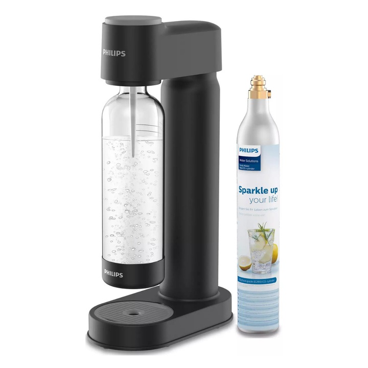 Saturator apa gazata Philips GoZero, negru, 1L, set cu butelca reutilizabila si cilindru CO2