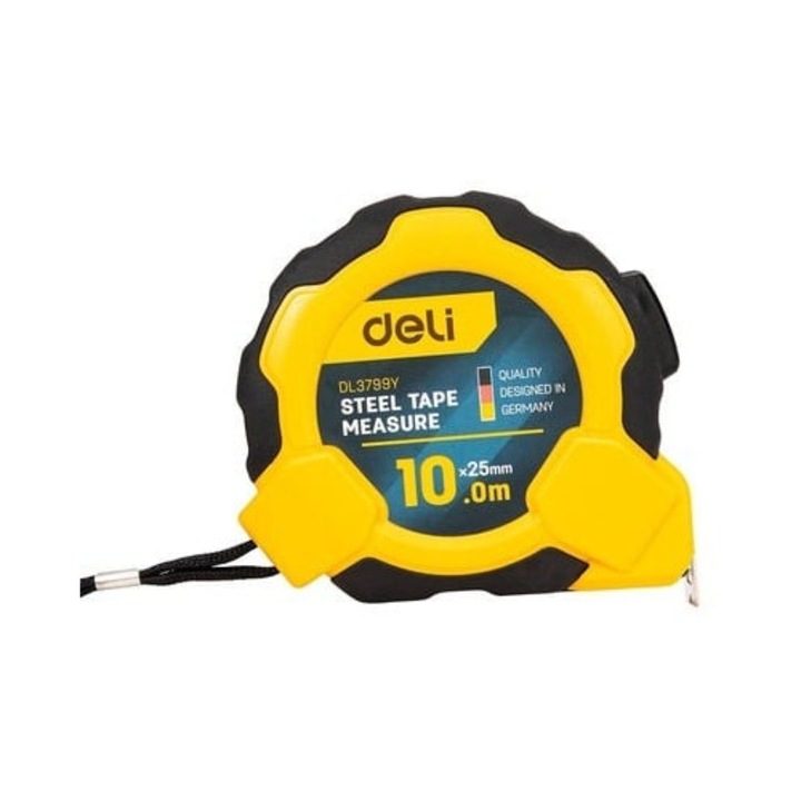 Ruleta Deli, 10m x 25mm, galben, carcasa ABS, otel, blocare automata