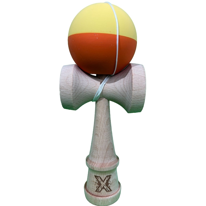 Kendama X Originala, Profesionala, Flippy, din Lemn, Rubber Grip, 18 cm, Galben/Portocaliu